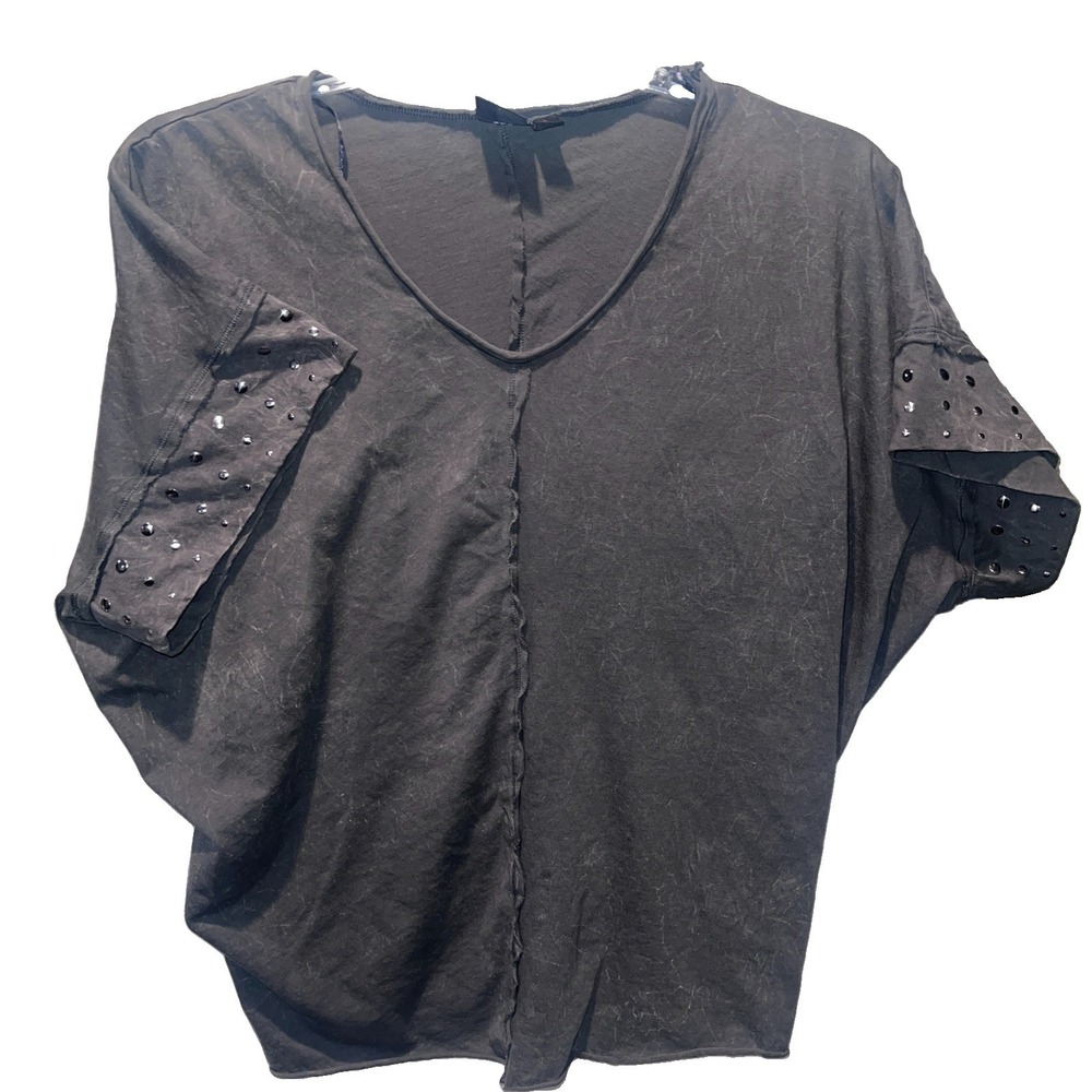 Rock & Republic Womens Gray Green Studded V-Neck Short Sleeve T-Shirt S Distress